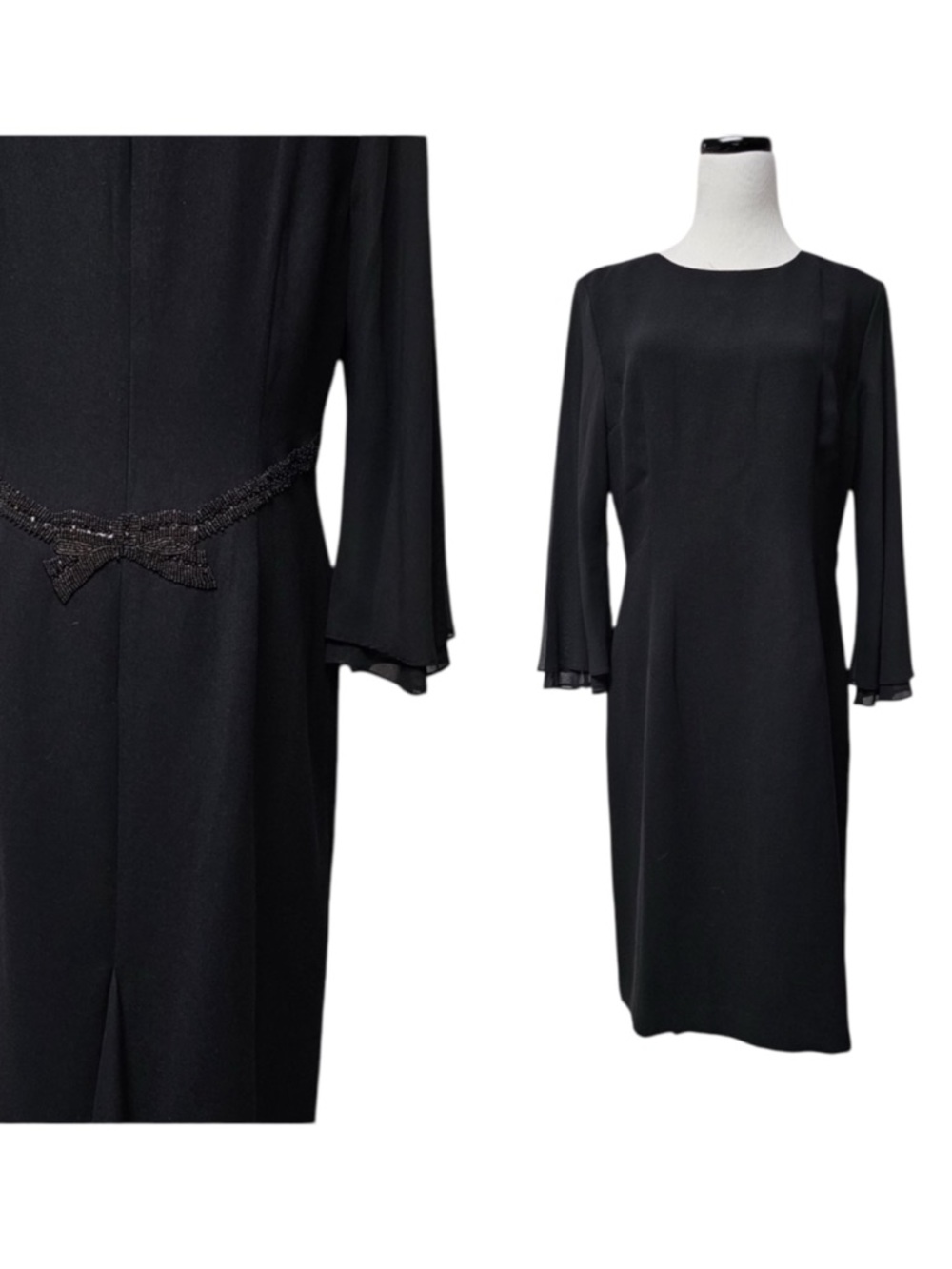 Vintage Donna Morgan Black Sheath Dress Long Sheer Sleeve Beaded Back Size 6
